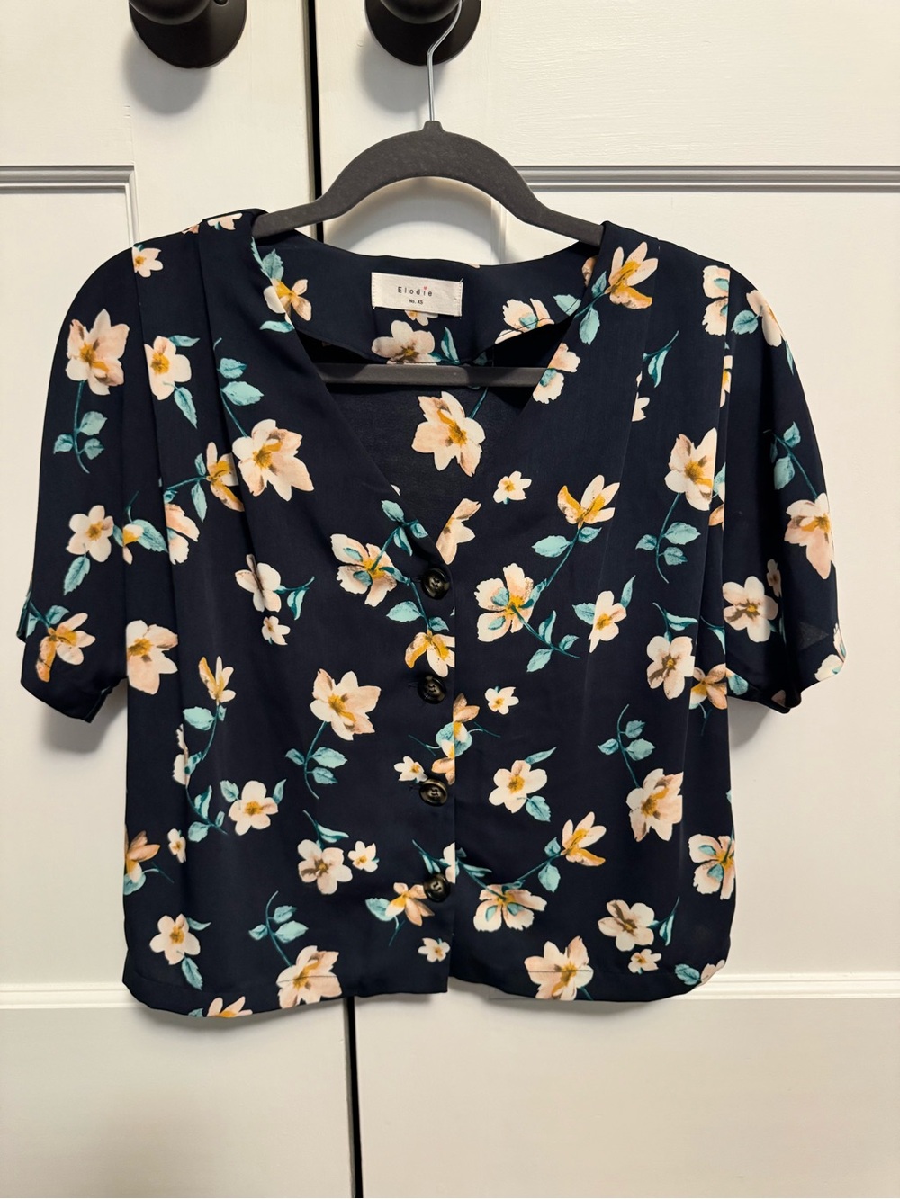 Navy Floral Button-Front Short Sleeve Top